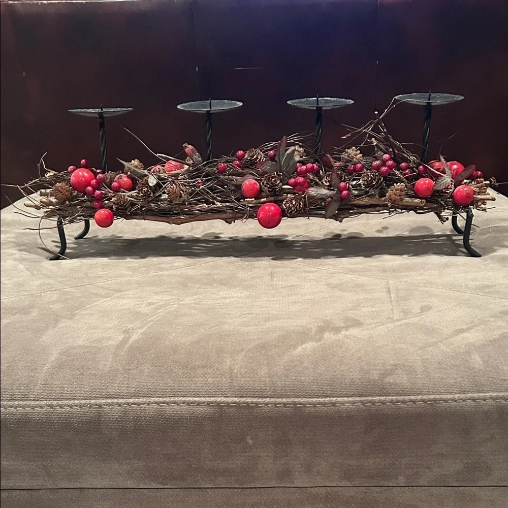 Festive Red Berry Pinecone Candle Holder Centerpiece